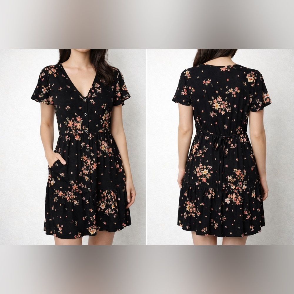 Derek Heart Black Floral Dress Button Front Short Sleeve Size M